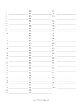 Printable 100 Item Numbered List