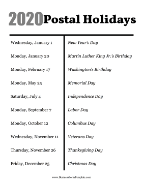 2020 Postal Holidays