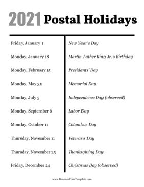 2021 Postal Holidays