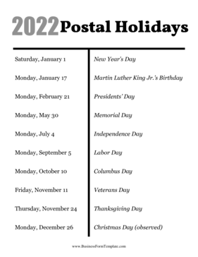 2022 Postal Holidays