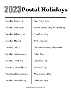 2023 Postal Holidays