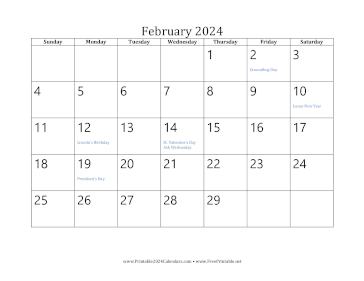 Printable February 2024 Calendar