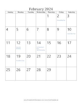 Printable February 2024 Calendar (vertical)