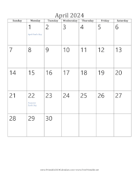 Printable April 2024 Calendar (vertical)