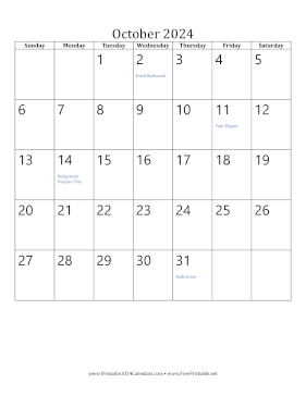 Printable October 2024 Calendar (vertical)