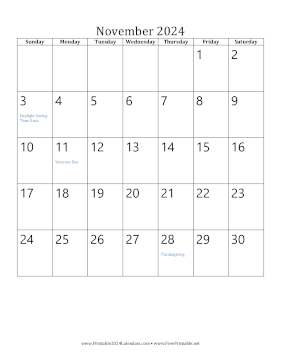 Printable November 2024 Calendar (vertical)