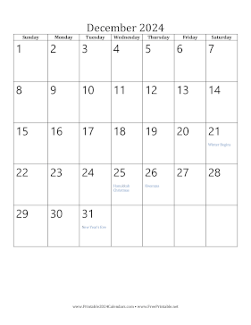 Printable December 2024 Calendar (vertical)