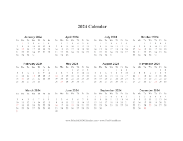 Printable 2024 Calendar One Page Horizontal Descending Holidays In Red