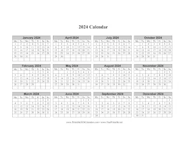 Printable 2024 Calendar One Page Horizontal Grid Descending Monday Start