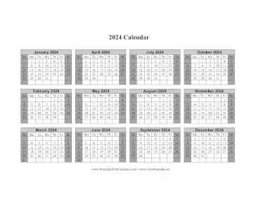 Printable 2024 Calendar One Page Horizontal Grid Descending Shaded Weekends