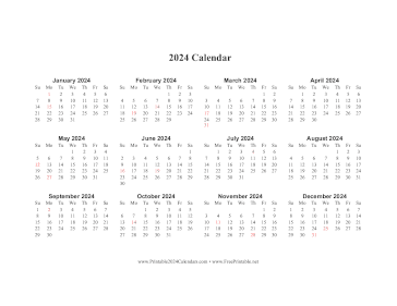 Printable 2024 Calendar One Page Horizontal Holidays In Red