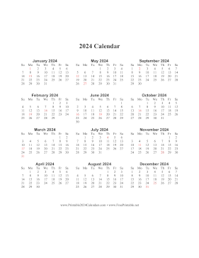 Printable 2024 Calendar One Page Vertical Descending Holidays in Red