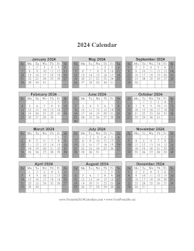 Printable 2024 Calendar One Page Vertical Grid Descending Shaded Weekends