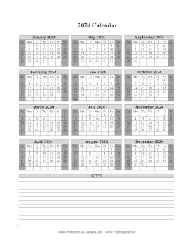 Printable 2024 Calendar One Page Vertical Grid Descending Shaded Weekends Notes