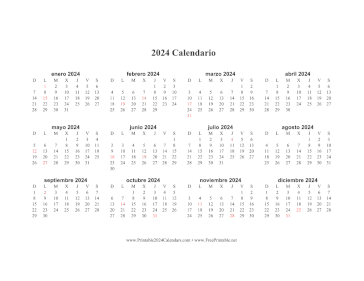 Printable 2024 Calendario en Una Pagina Horizontal