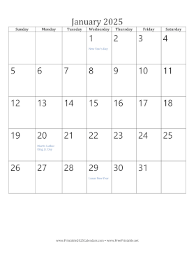 Printable January 2025 Calendar (vertical)