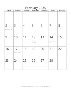 Printable February 2025 Calendar (vertical)