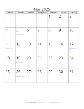 Printable May 2025 Calendar (vertical)