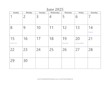 Printable June 2025 Calendar