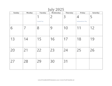 Printable July 2025 Calendar