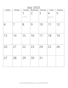 Printable July 2025 Calendar (vertical)