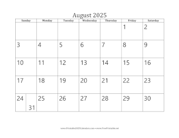 Printable August 2025 Calendar