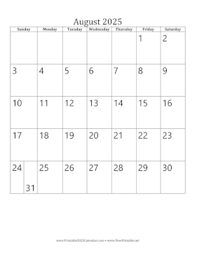 Printable August 2025 Calendar (vertical)