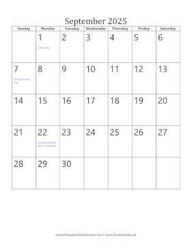 Printable September 2025 Calendar (vertical)