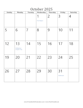 Printable October 2025 Calendar (vertical)