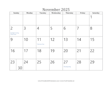 Printable November 2025 Calendar