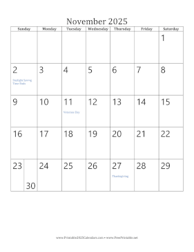 Printable November 2025 Calendar (vertical)