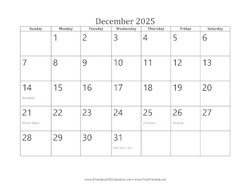 Printable December 2025 Calendar