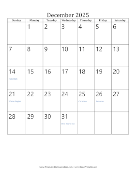 Printable December 2025 Calendar (vertical)