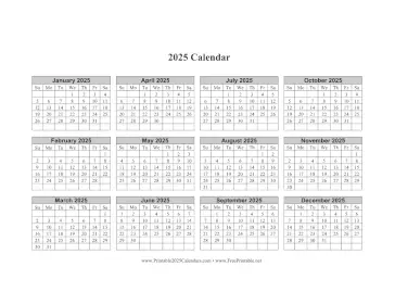 Printable 2025 Calendar One Page Horizontal Grid Descending