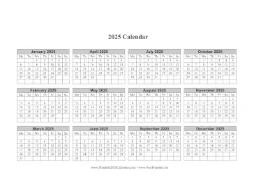 Printable 2025 Calendar One Page Horizontal Grid Descending Monday Start