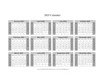 Printable 2025 Calendar One Page Horizontal Grid Descending Shaded Weekends