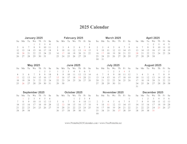 Printable 2025 Calendar One Page Horizontal Holidays In Red