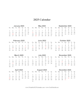 Printable 2025 Calendar One Page Vertical Descending Holidays in Red