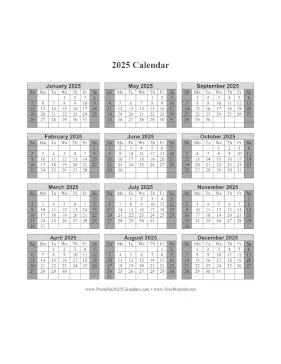 Printable 2025 Calendar One Page Vertical Grid Descending Shaded Weekends