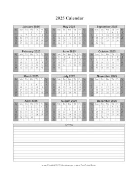 Printable 2025 Calendar One Page Vertical Grid Descending Shaded Weekends Notes