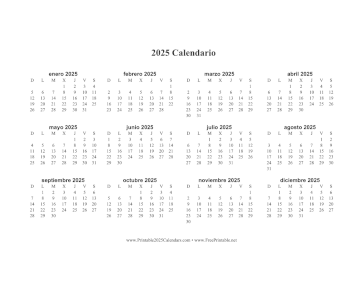 Printable 2025 Calendario en Una Pagina Horizontal