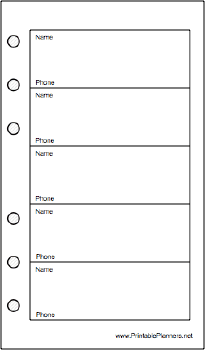 Pocket Organizer Phone List (1-column) - Right