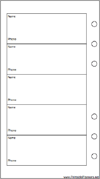 Personal Organizer Phone List (1-column) - Left