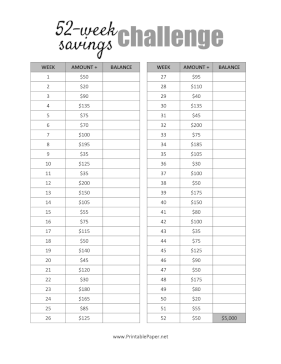 Printable 52 Week Savings Challenge