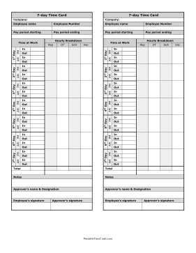 7-Day Time Card Hourly Breakdown