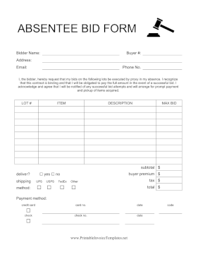 Absentee Bid Form Template