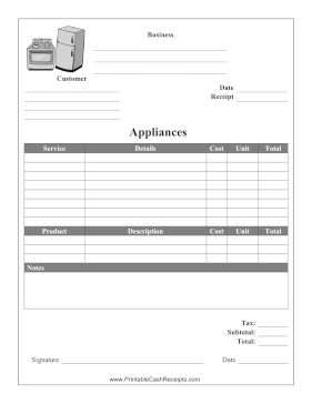 Appliance Sales Or Repair Receipt