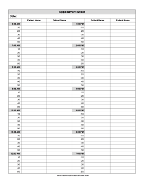 Appointment Sheet Ten Minute Intervals