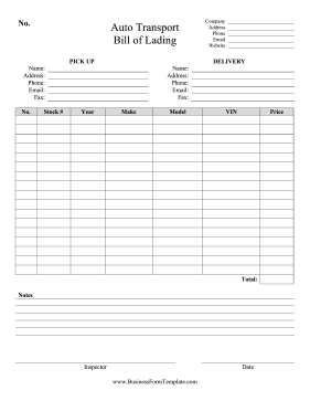 Auto Transport Bill of Lading