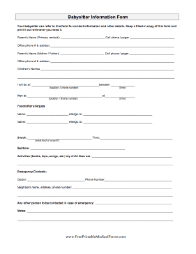 Babysitter Information Form